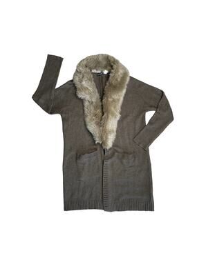 VENUS Brown Faux Fur Collar Open Front Cardigan Sweater Women’s Size Small